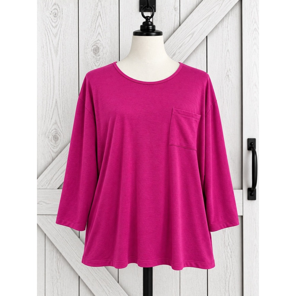 Woman Within Fleece Lined Top 1X 22/24 Magenta Pink 3/4 Sleeve Pocket Sweatshirt